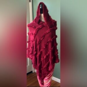 Women new knit cozy fuzzy fringe hooded beautiful versatile travel red poncho OS